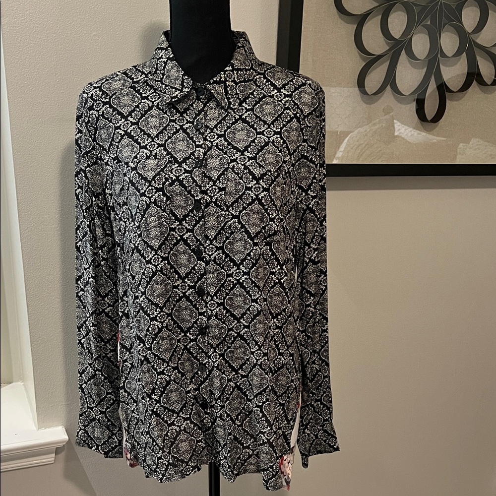 Stetson Black/White and Floral Rayon Blouse Size M